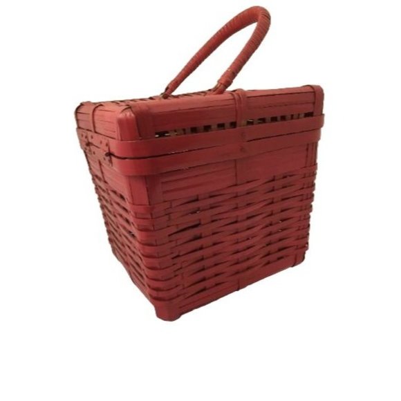 Red Box Bag Top Handle Basket Vintage Structured Design - Picture 5 of 10